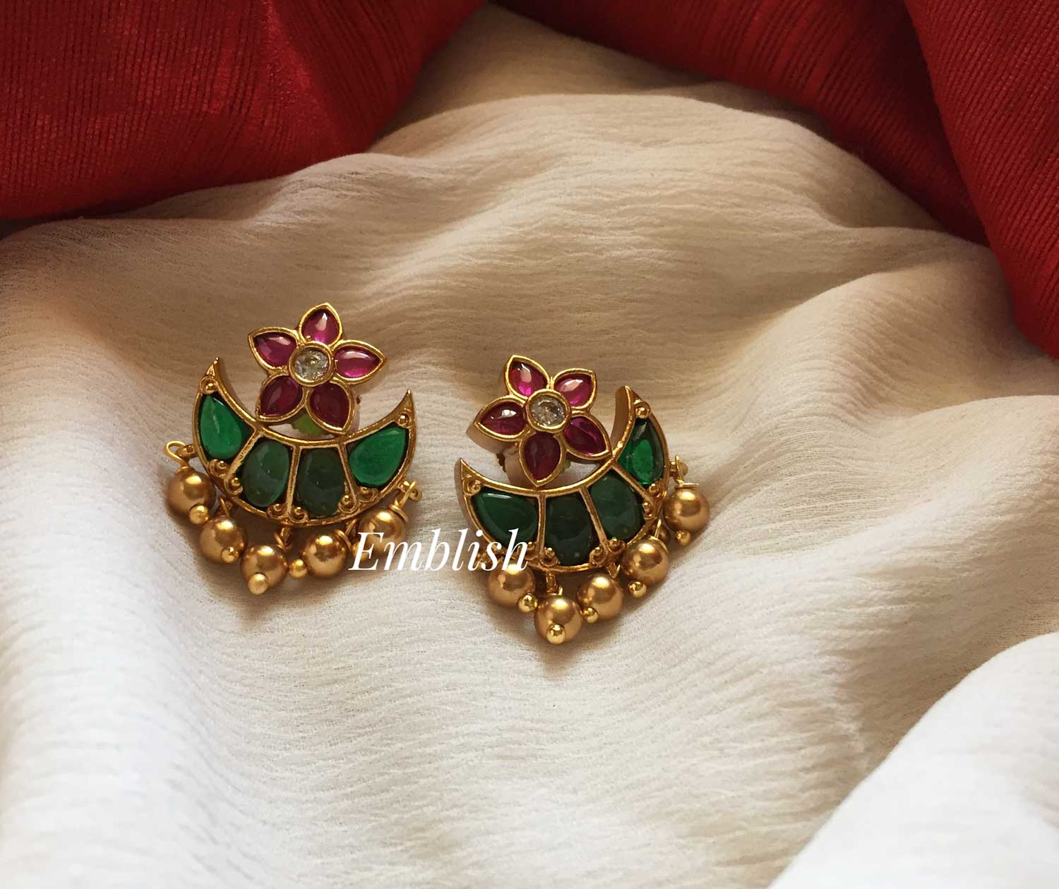 Antique Kemp Half Moon Flower Earrings Red